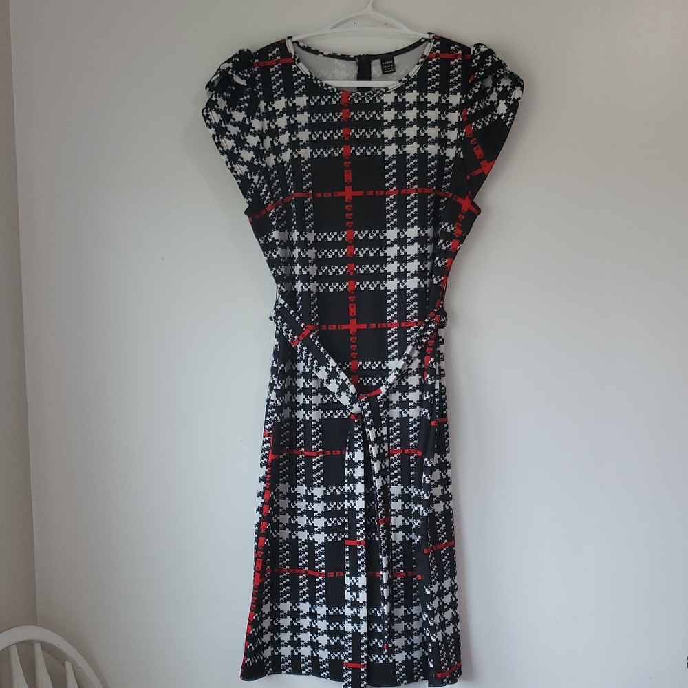 SHEIN Black and White Sheath Midi Dress with Puff Cap Sleeves - L
